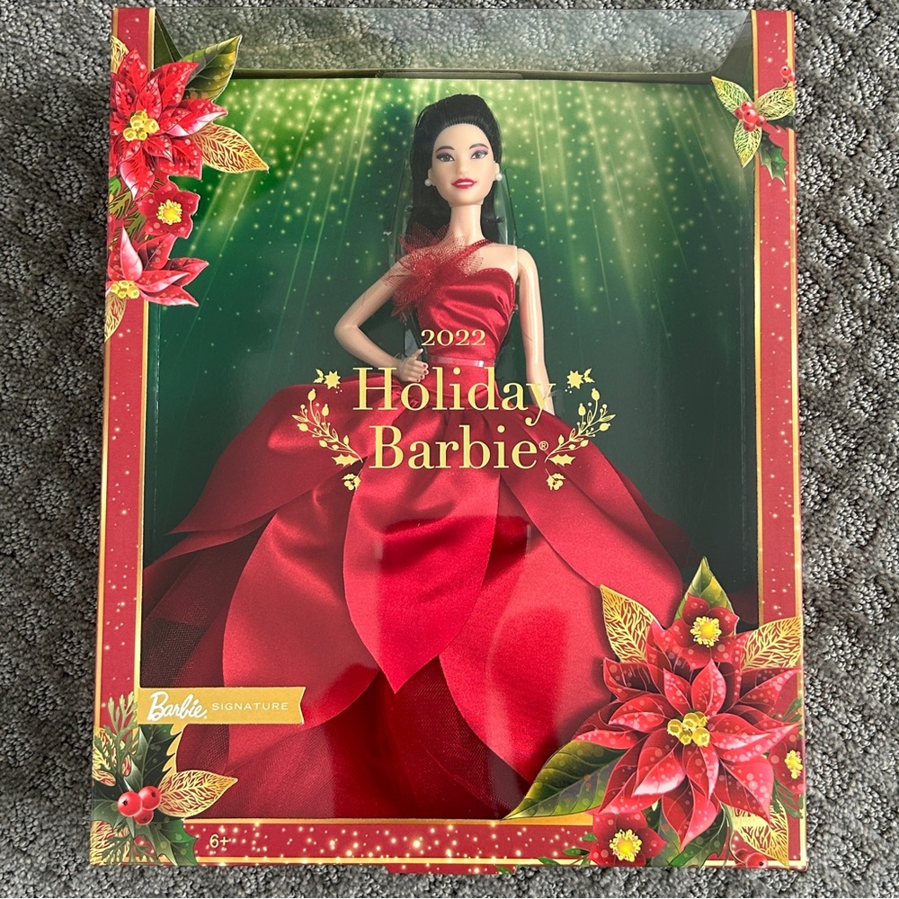 NIB NRFB Signature 2022 Holiday Barbie Collector Doll, Black Hair, Red Dress
